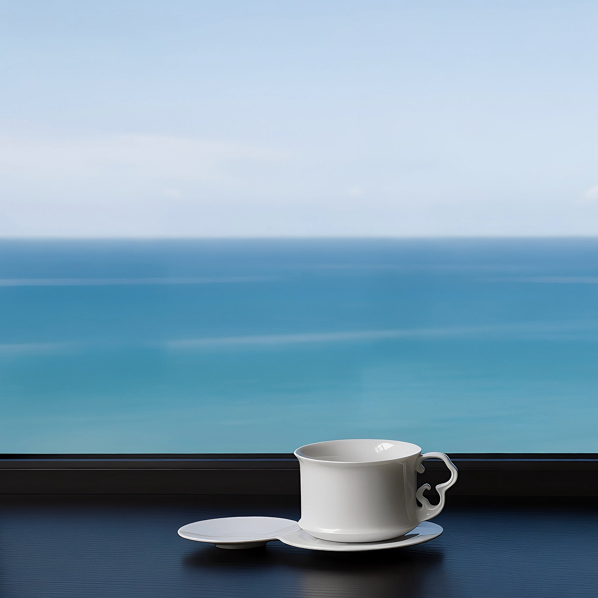 海洋 Echoes of the Sea 白瓷杯盤組置於海景窗邊,以浪花耳朵造型呼應聽海意象