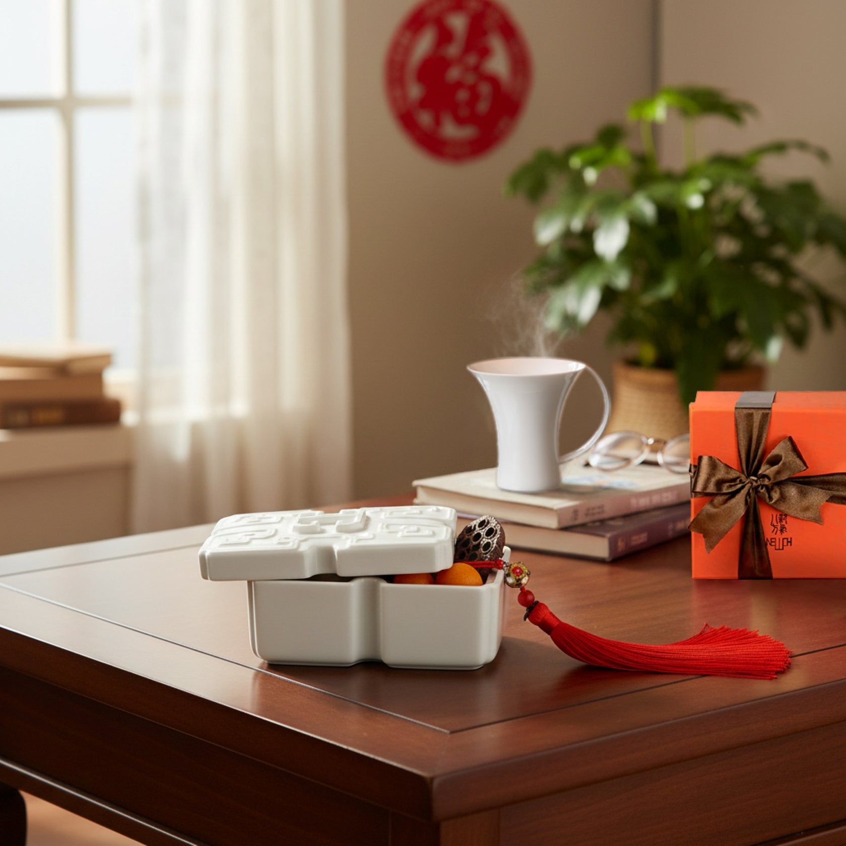 《吉壽年年》白瓷禮盒—壽字圖騰與四平八穩方形設計,象徵福壽綿延與端莊厚德,適合春節與長輩祝福的藝術瓷器擺件