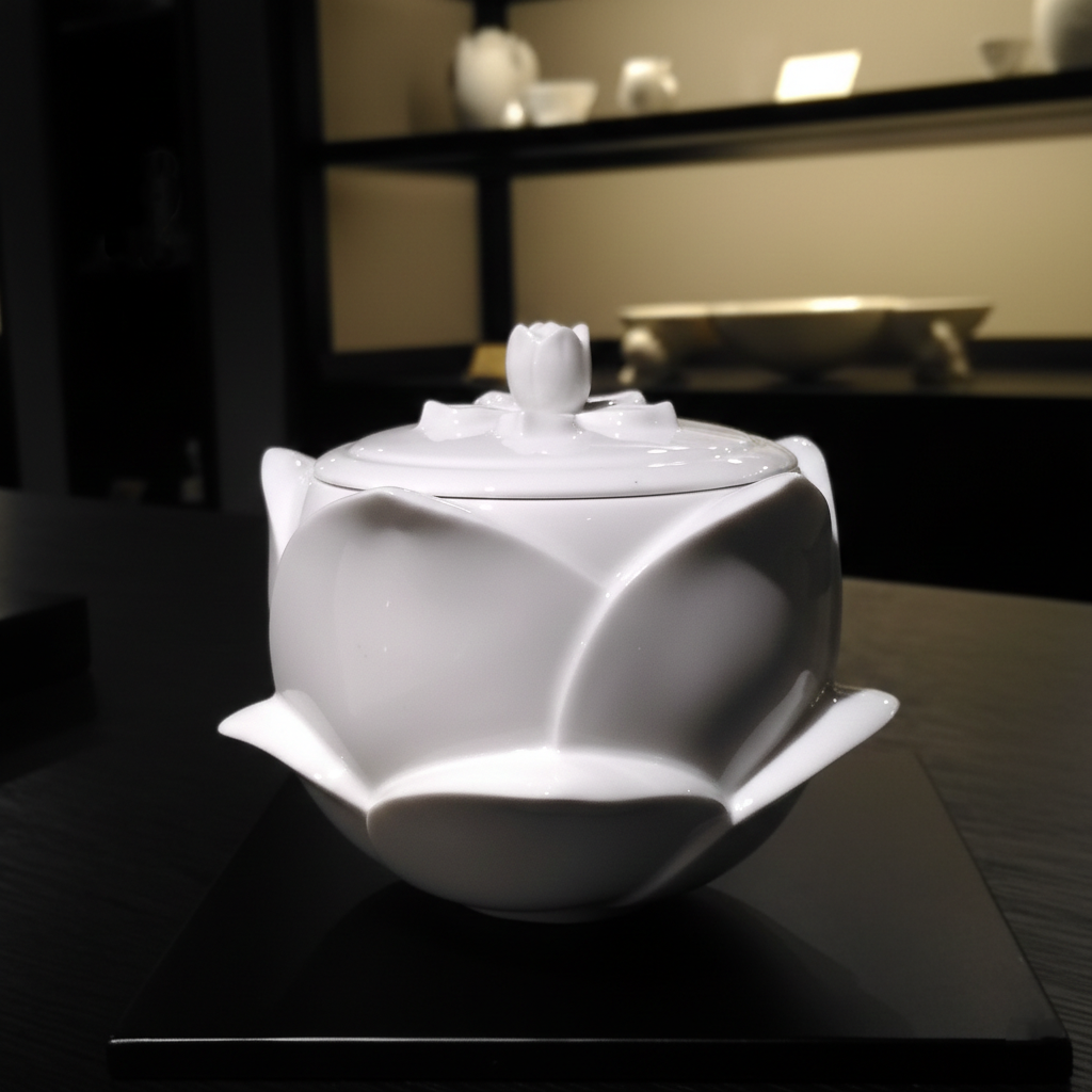 花開白瓷瓷盒黑色背景側面・蓮花層次造型・八方新氣 NewChi Porcelain
