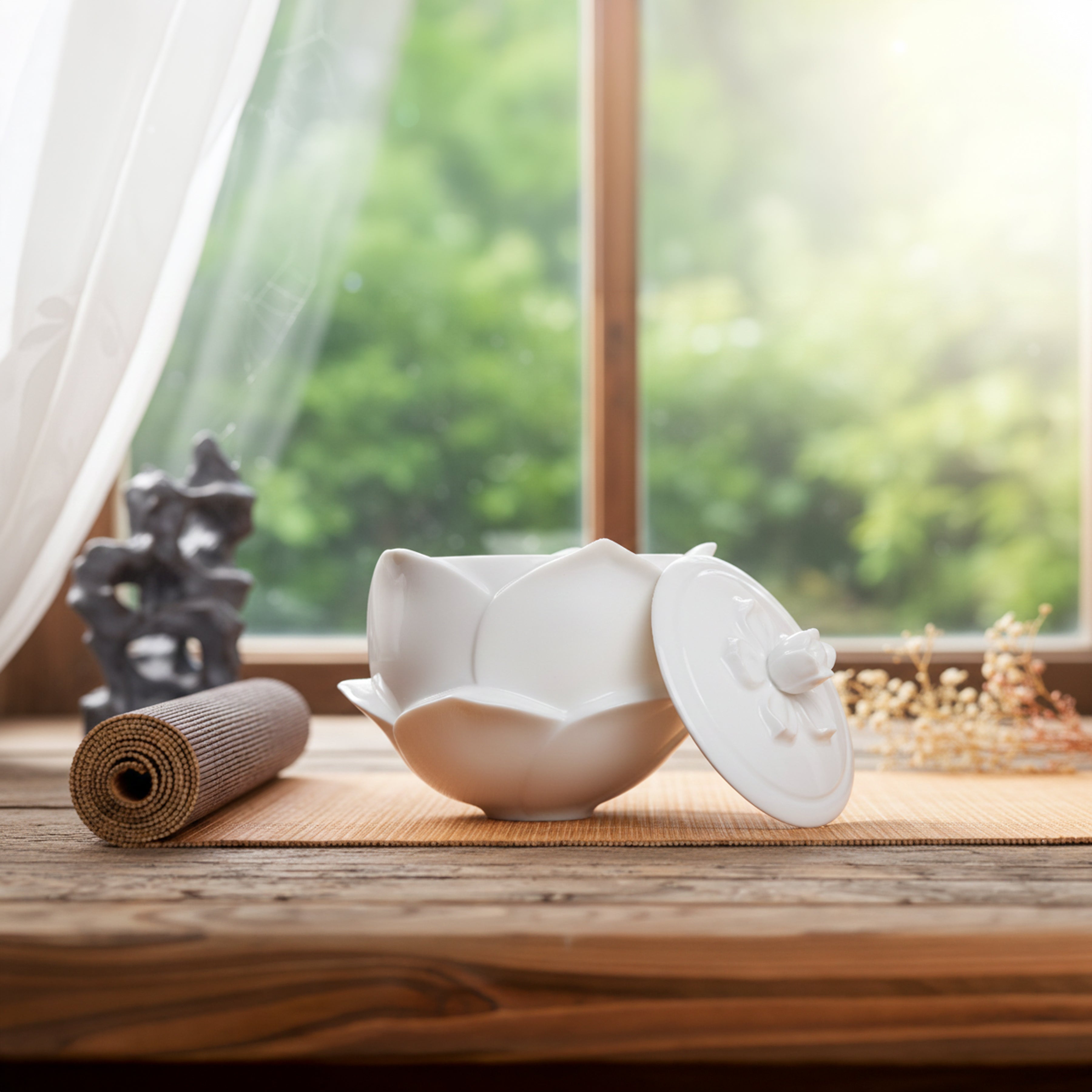 花開白瓷蓮花瓷盒室內窗景・含苞盒鈕盛開盒身・八方新氣 NewChi Porcelain