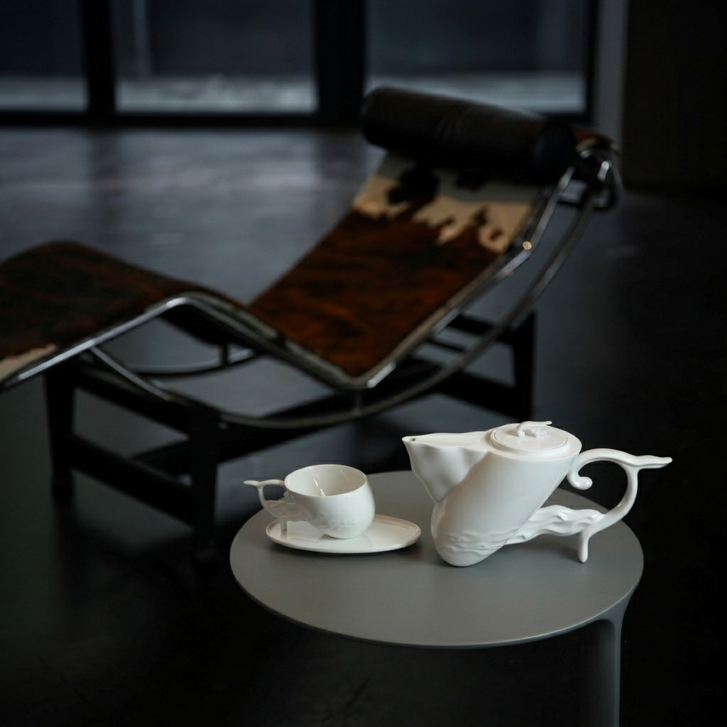 〈風舞〉茶壺與杯盤,深色圓桌