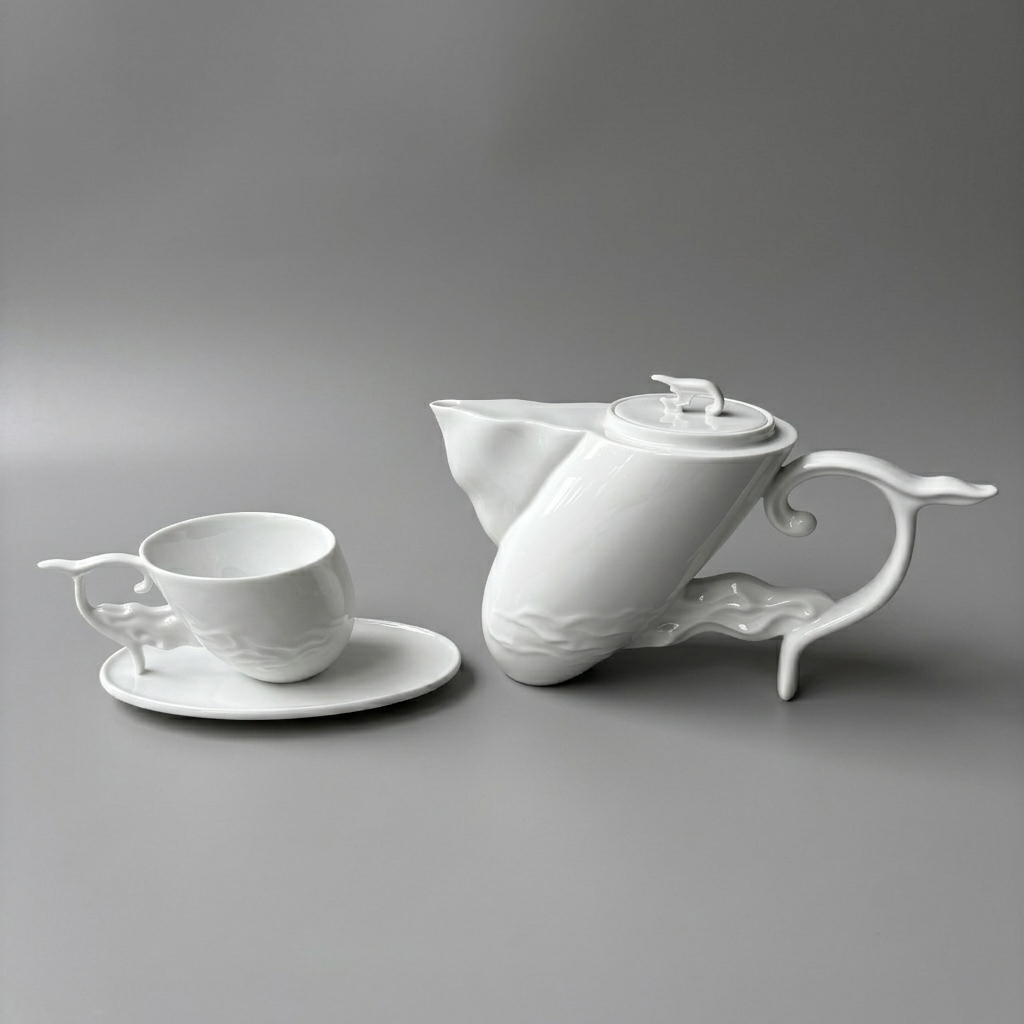 〈風舞〉茶壺與杯盤,灰色背景