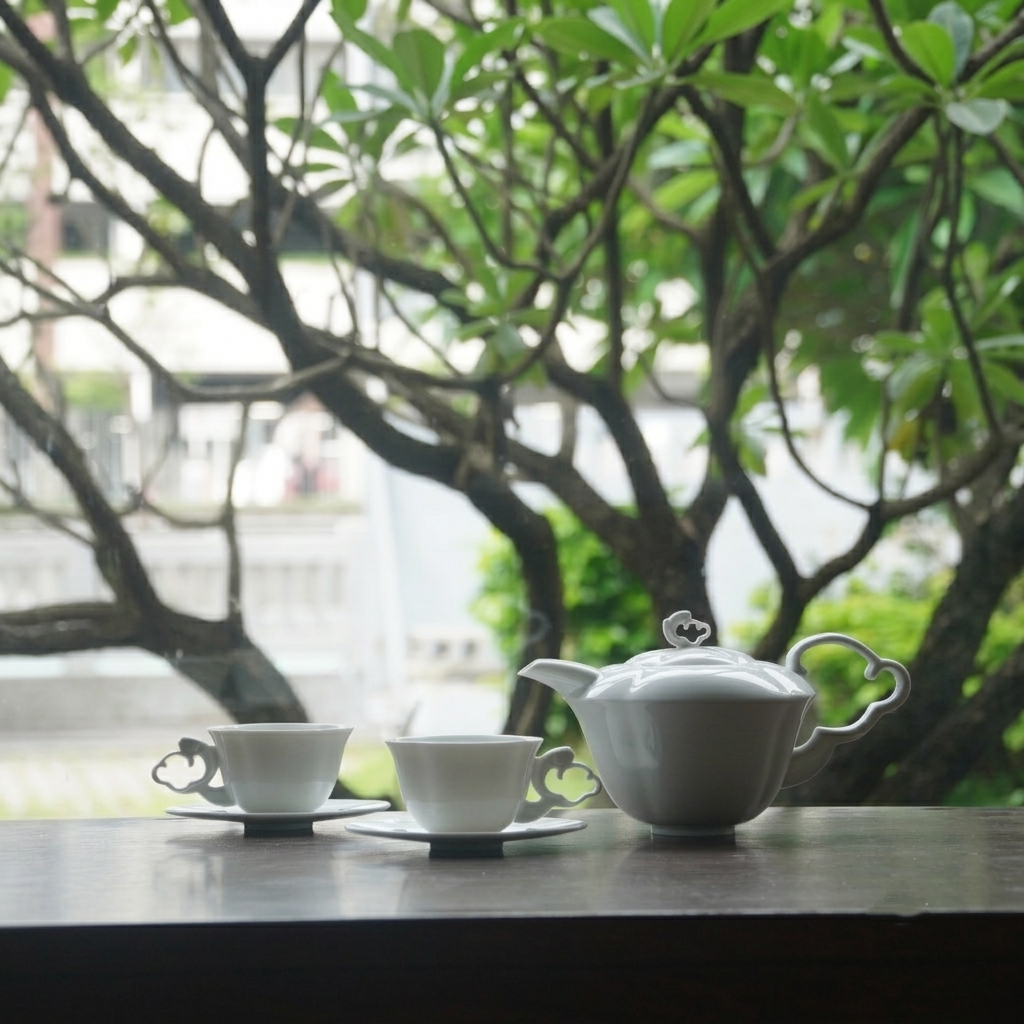 〈與海共舞〉壺杯組擺在窗邊,背景是樹