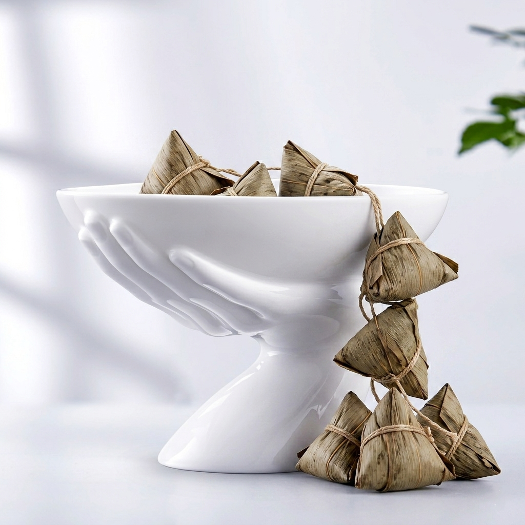 富貴吉祥白瓷托手果盤盛裝台灣肉粽,純白背景,展示單手托起造型,八方新氣 NewChi Porcelain