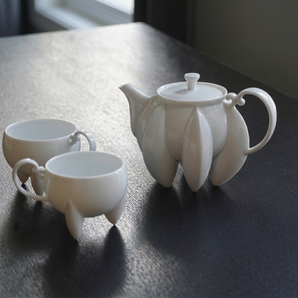 荷花白瓷六足茶壺茶杯組深色背景整套・東方哲思高端茶器・八方新氣 NewChi Porcelain