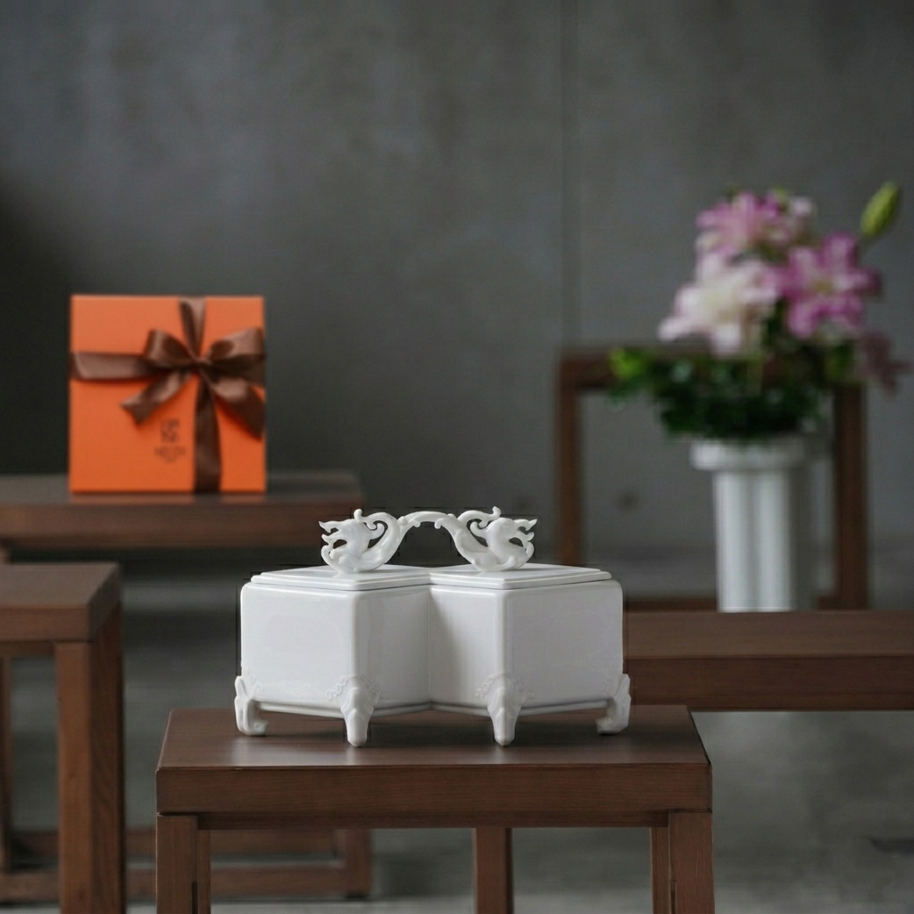 龍耀八方白瓷傳家瓷盒書房陳設場景,花器點綴,展示居家典藏擺設,八方新氣