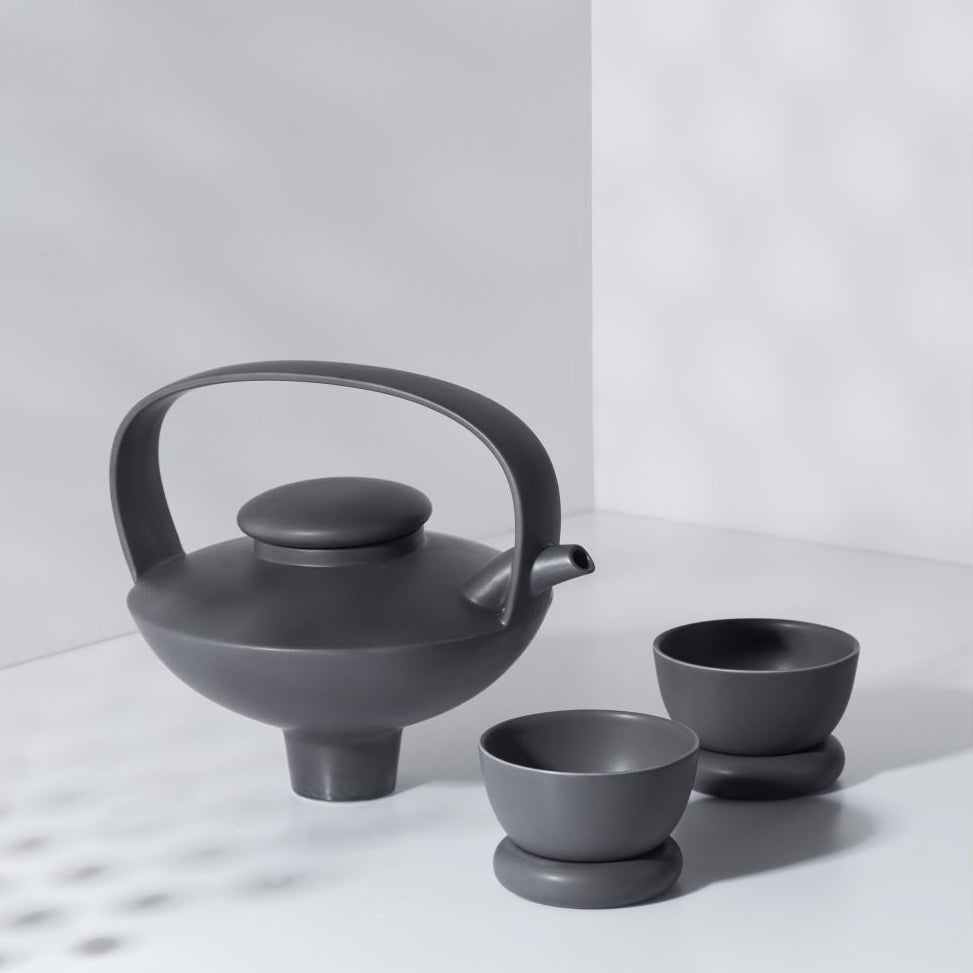 日出望月黑霧茶壺與茶杯組|霧黑瓷現代東方茶器