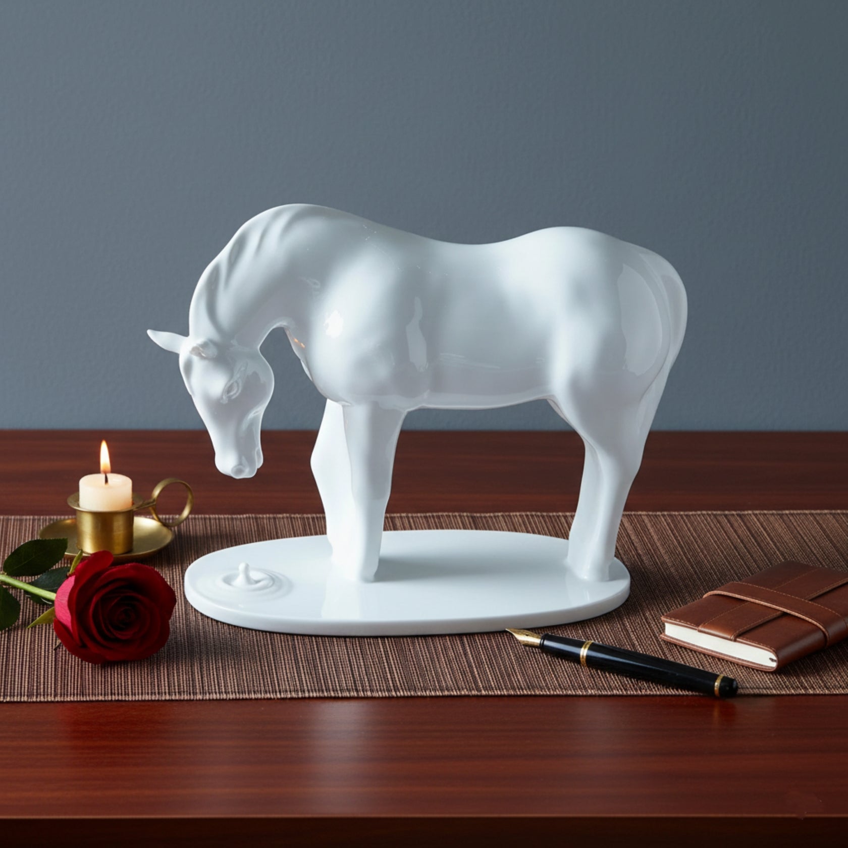 一匹低首凝視水滴的白瓷馬,於靜謐中流動溫柔。象徵在起伏人生中,不忘曾為你帶來轉機的那滴水。