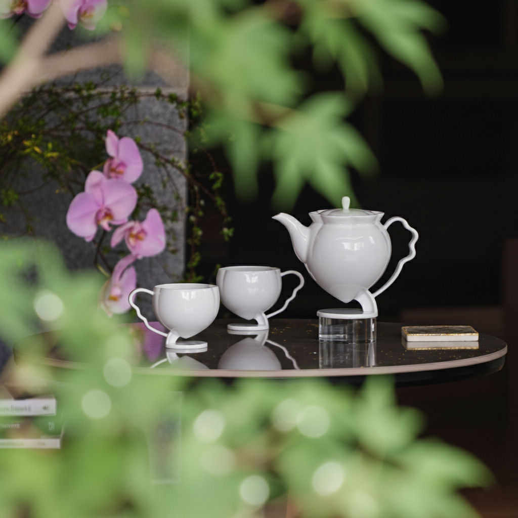 起舞白瓷茶壺茶杯組春日深色茶席・粉色蘭花背景・王俠軍設計・八方新氣 NewChi Porcelain