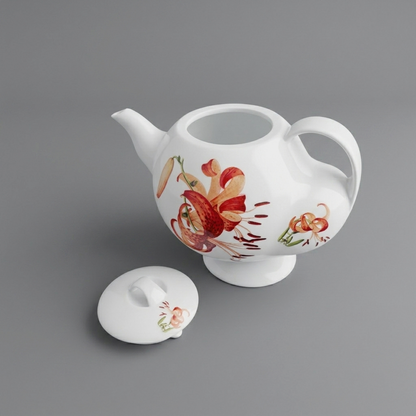 八方新氣 故宮聯名 青春 In Bloom porcelain teapot side profile, blooming lily decoration wrapping around the rounded vessel form
