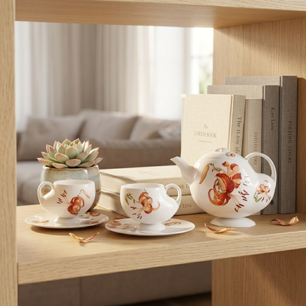 青春 In Bloom 百合白瓷茶具組，白瓷茶壺與茶杯於戶外自然光下展示，展現百合花盛放的生命力