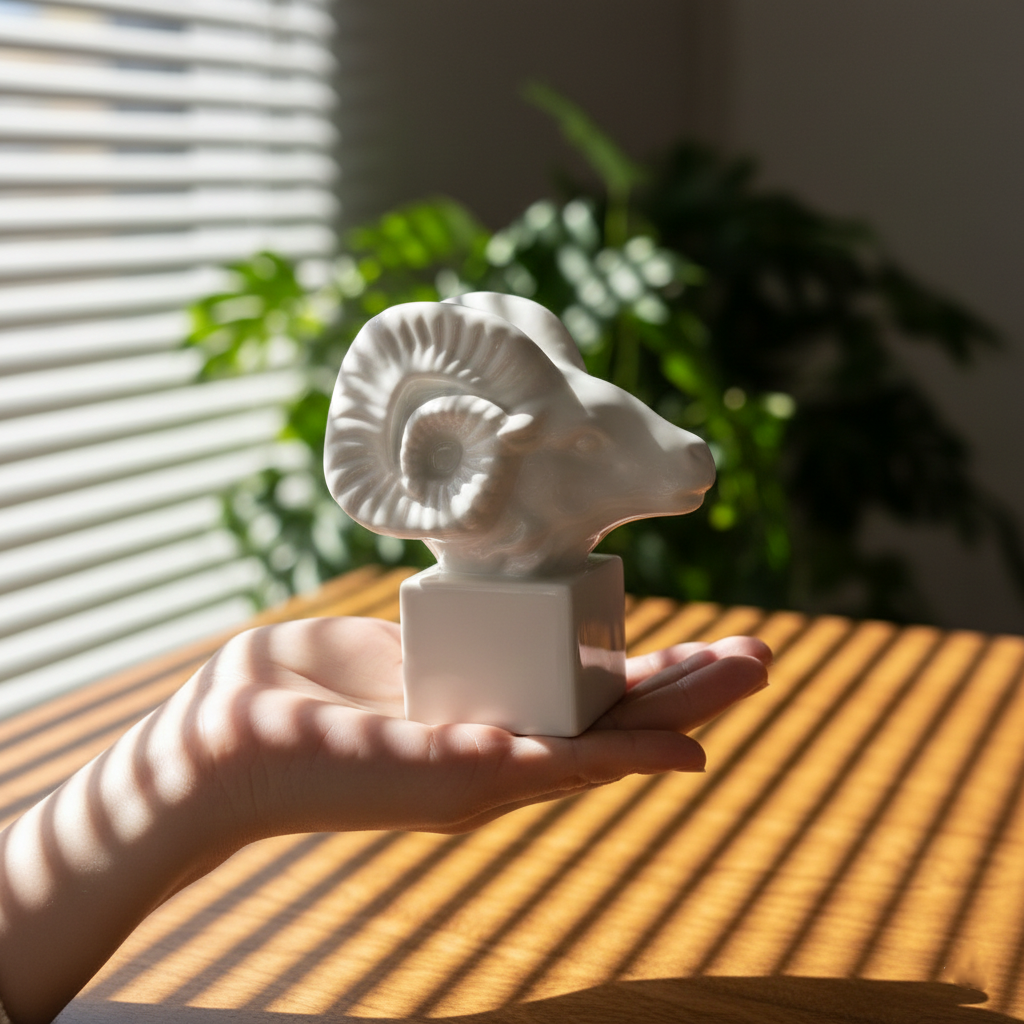 Leading Role porcelain zodiac ram pen holder held in the palm, lifelike horn side, by Heinrich Wang
