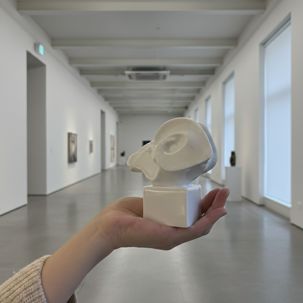 Leading Role porcelain zodiac ram pen holder held in hand, showing its compact size, by Heinrich Wang