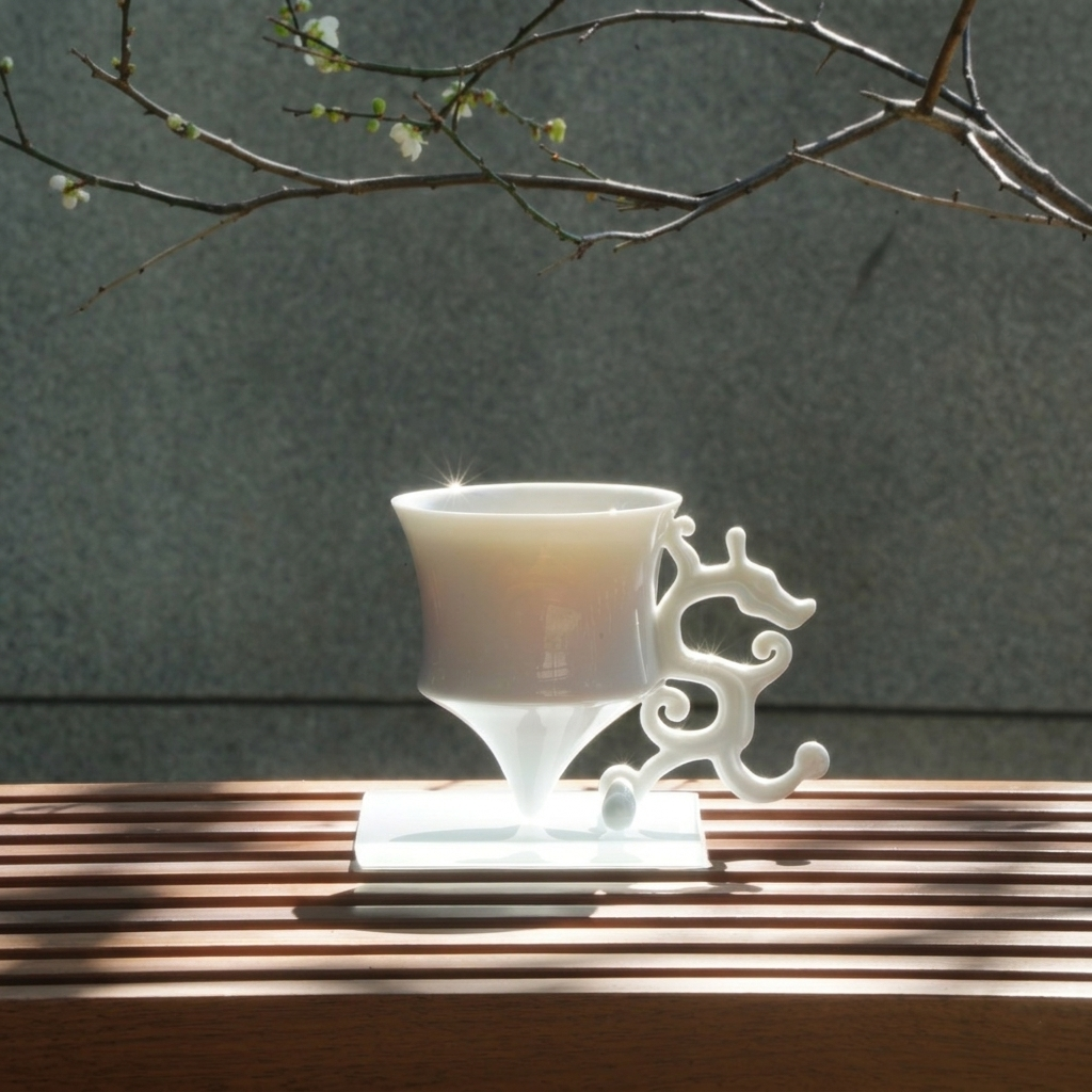 龍尊壺杯組白瓷茶具單杯特寫，戶外自然光背景，展示壺身與龍形把手比例，八方新氣
