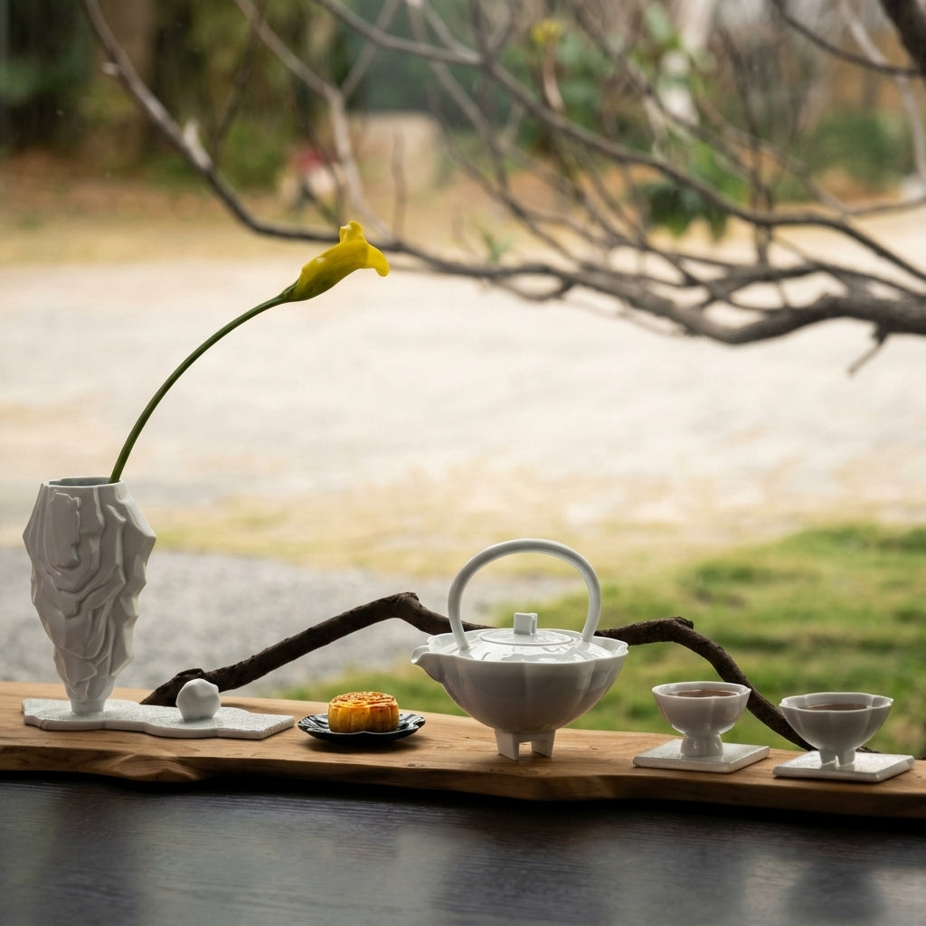 〈長春〉茶壺與兩只茶杯，花藝旁