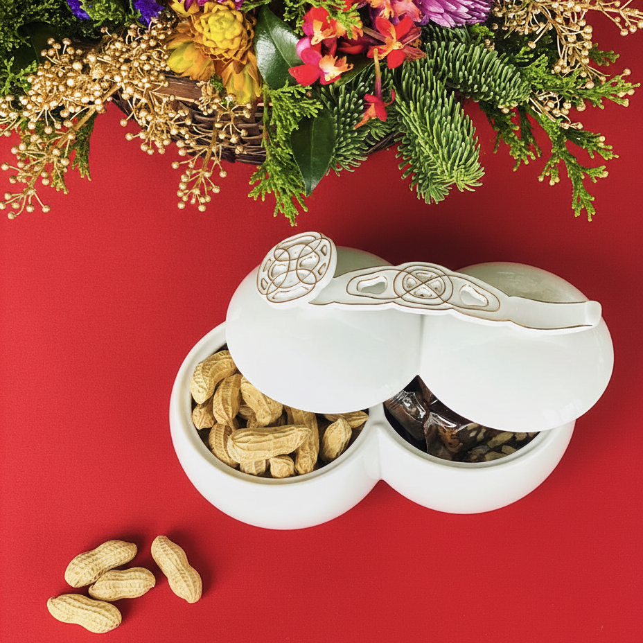 八方新氣新年贈禮 圓滿瓷盒 新春送禮首選 白瓷盒正面展示，雙圓造型象徵好事成雙 家居生活