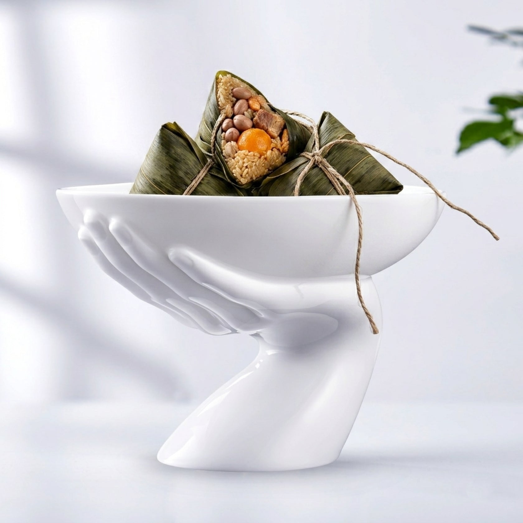 富貴吉祥白瓷托手果盤盛裝台灣肉粽，純白背景，展示單手托起造型，八方新氣 NewChi Porcelain