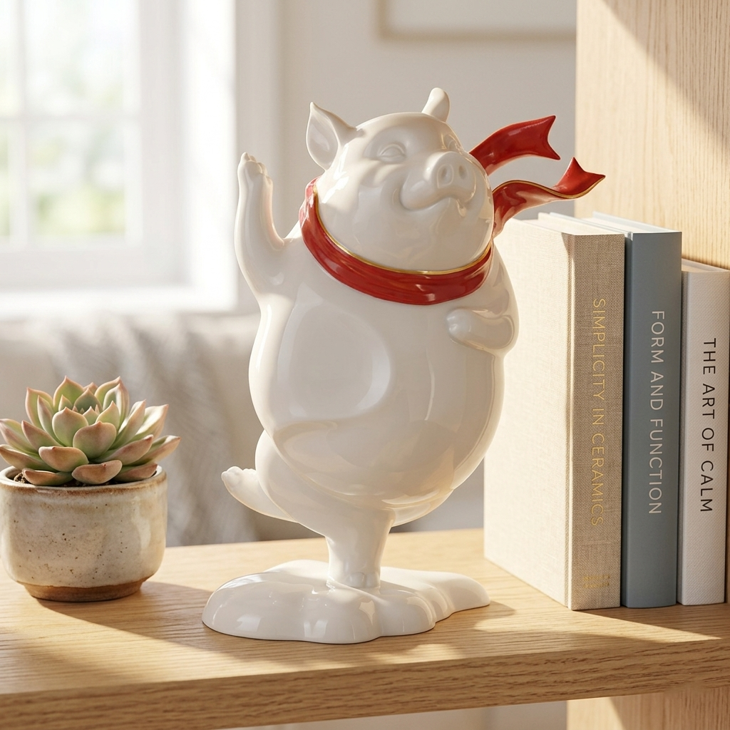 八方新氣 生肖豬 喜躍 瓷偶 瓷器 擺飾 白瓷 禮物 紅色圍巾