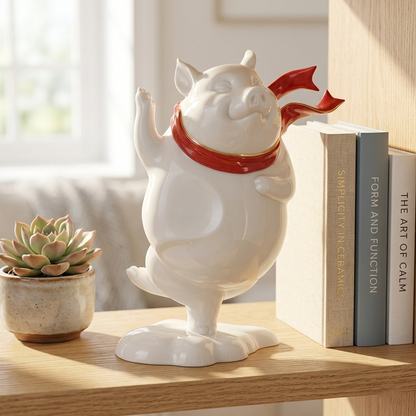 八方新氣 生肖豬 喜躍 瓷偶 瓷器 擺飾 白瓷 禮物 紅色圍巾