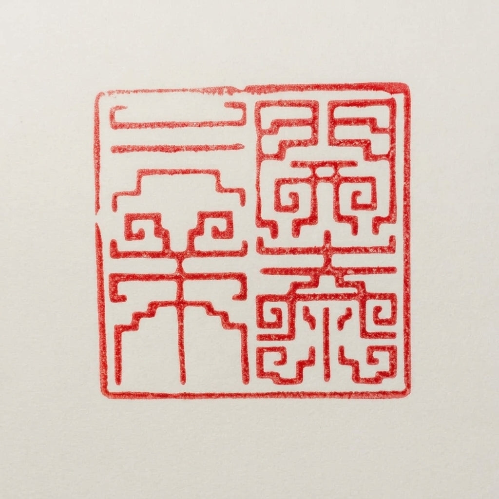 Red seal-script impression of 三羊開泰 stamped with the Auspicious Beginning seal, by Heinrich Wang