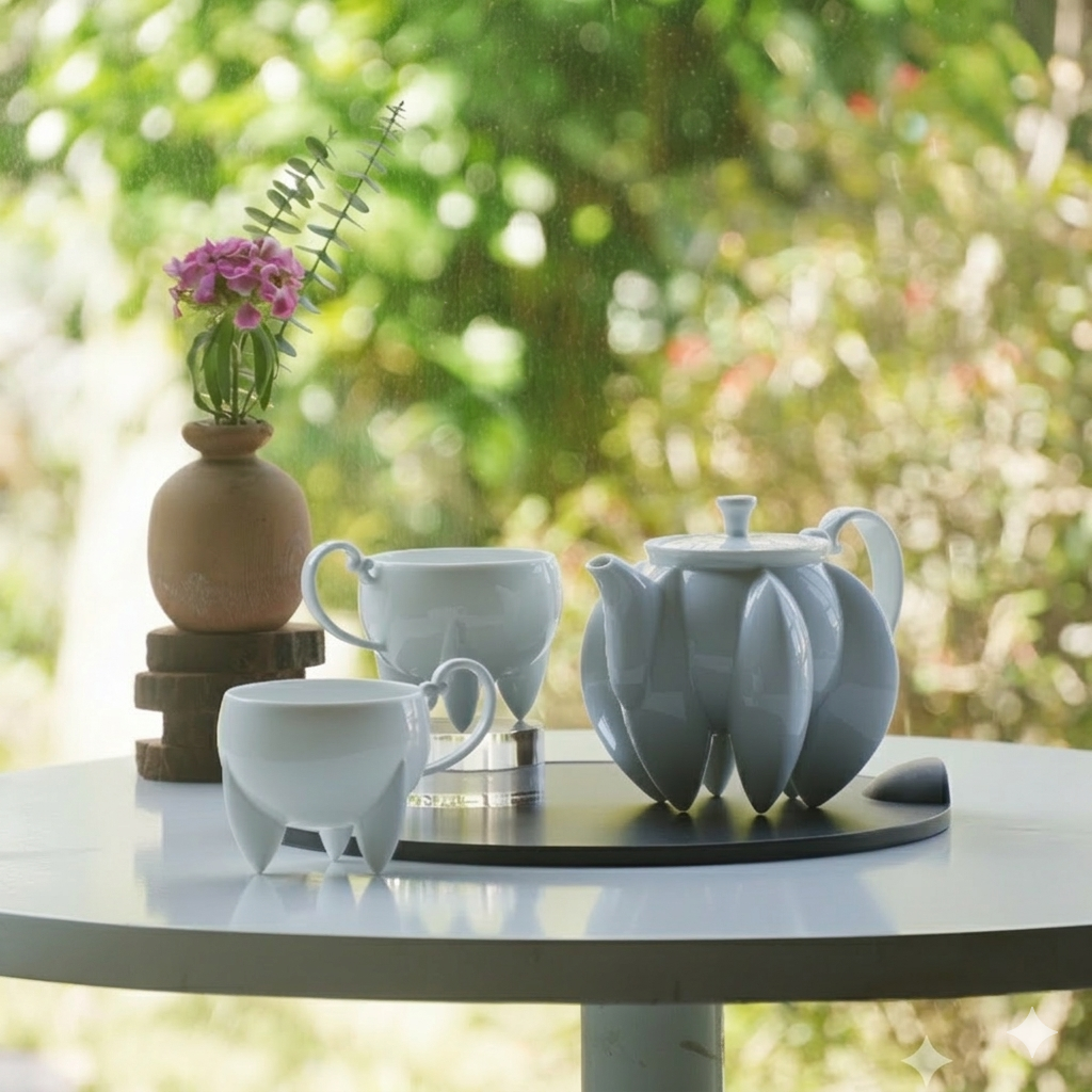 荷花白瓷六足茶壺茶杯組室外自然光・春日茶席情境・八方新氣 NewChi Porcelain