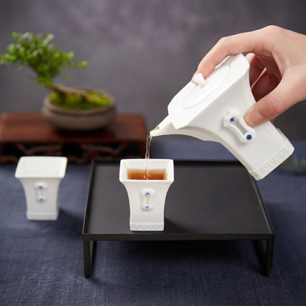 明珠在握白瓷茶壺斟茶情境，茶湯注入置於黑色茶盤上的水鑽嵌飾茶杯