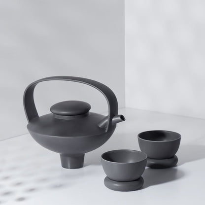 日出望月黑霧茶壺與茶杯組｜霧黑瓷現代東方茶器
